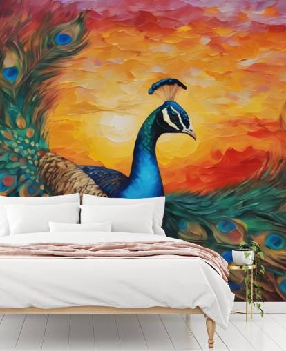 mural colorido de papel pintado de pavo real llamado Painted Peacock Sunset para dormitorios, salas de estar y oficinas