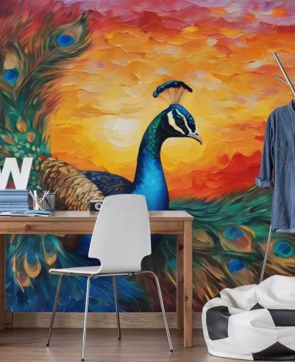 kleurrijke pauwbehangmuurschildering genaamd Painted Peacock Sunset voor slaapkamers, woonkamers en kantoren kleurrijke pauwbehangmuurschildering genaamd Painted Peacock Sunset voor slaapkamers, woonkamers en kantoren