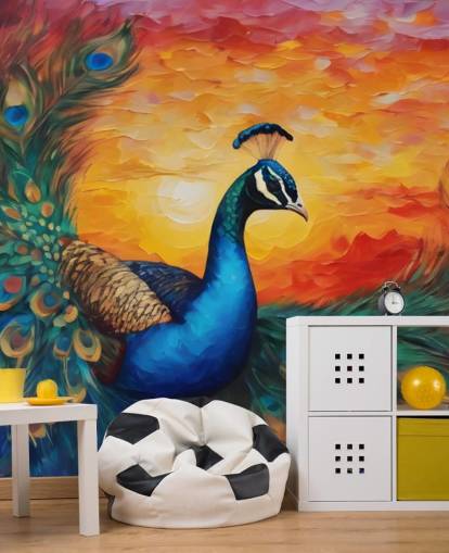 colorful peacock wallpaper mural called Painted Peacock Sunset for bedrooms, living rooms and offices