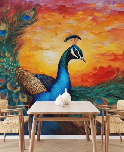 fargerikt påfugl tapetmaleri kalt Painted Peacock Sunset for soverom, stuer og kontorer