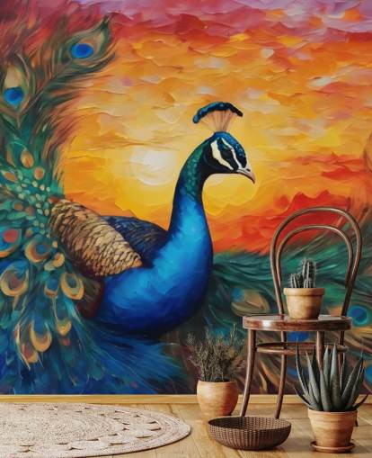 Buntes Pfauentapeten-Wandbild namens Painted Peacock Sunset für Schlafzimmer, Wohnzimmer und Büros