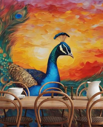 colorful peacock wallpaper mural called Painted Peacock Sunset for bedrooms, living rooms and offices