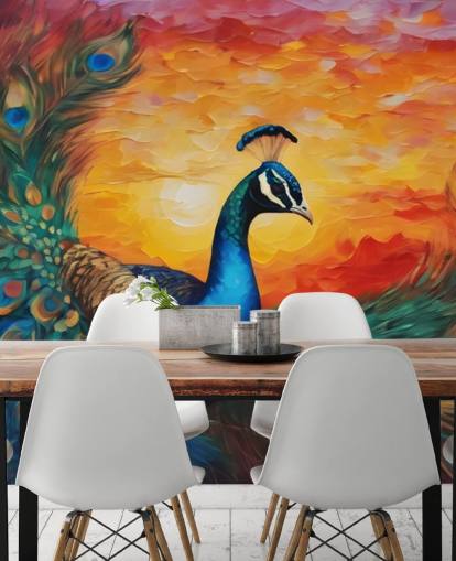 papier peint mural coloré en forme de paon appelé Painted Peacock Sunset pour les chambres, les salons et les bureaux