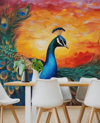 kleurrijke pauwbehangmuurschildering genaamd Painted Peacock Sunset voor slaapkamers, woonkamers en kantoren kleurrijke pauwbehangmuurschildering genaamd Painted Peacock Sunset voor slaapkamers, woonkamers en kantoren