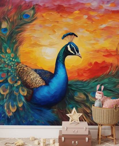 mural colorido de papel pintado de pavo real llamado Painted Peacock Sunset para dormitorios, salas de estar y oficinas