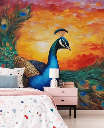 mural de papel de parede de pavão colorido chamado Painted Peacock Sunset para quartos, salas de estar e escritórios