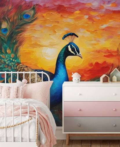 colourful peacock wallpaper mural called Painted Peacock Sunset for bedrooms, living rooms and offices