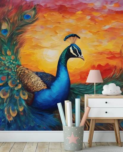colourful peacock wallpaper mural called Painted Peacock Sunset for bedrooms, living rooms and offices colourful peacock wallpaper mural called Painted Peacock Sunset for bedrooms, living rooms and offices