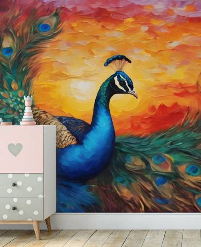 carta da parati murale colorata con pavone chiamato Painted Peacock Sunset per camere da letto, salotti e uffici