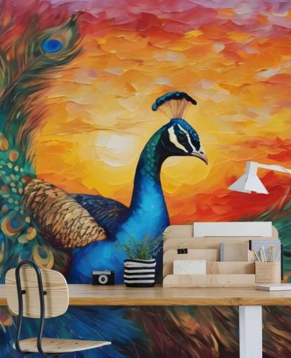 mural de papel de parede de pavão colorido chamado Painted Peacock Sunset para quartos, salas de estar e escritórios mural de papel de parede de pavão colorido chamado Painted Peacock Sunset para quartos, salas de estar e escritórios