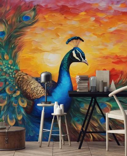 colorful peacock wallpaper mural called Painted Peacock Sunset for bedrooms, living rooms and offices