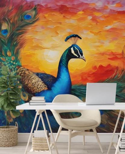 colourful peacock wallpaper mural called Painted Peacock Sunset for bedrooms, living rooms and offices