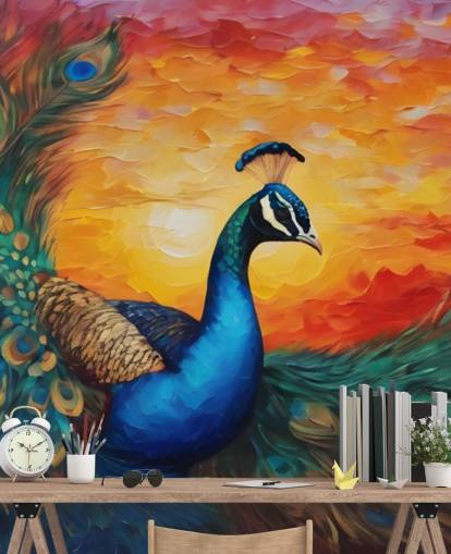 colorful peacock wallpaper mural called Painted Peacock Sunset for bedrooms, living rooms and offices