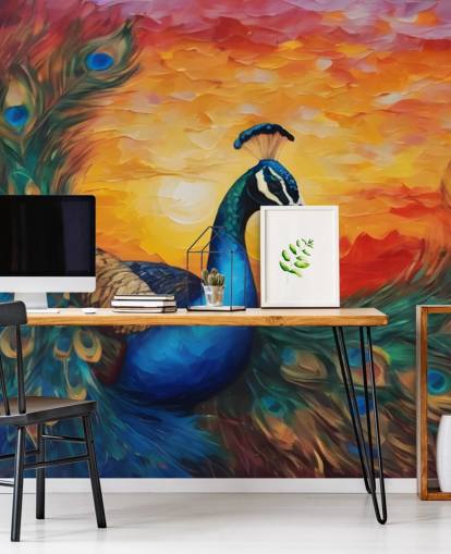 colourful peacock wallpaper mural called Painted Peacock Sunset for bedrooms, living rooms and offices