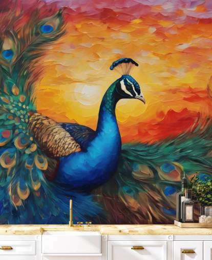 fargerikt påfugl tapetmaleri kalt Painted Peacock Sunset for soverom, stuer og kontorer