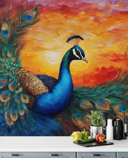 colorful peacock wallpaper mural called Painted Peacock Sunset for bedrooms, living rooms and offices