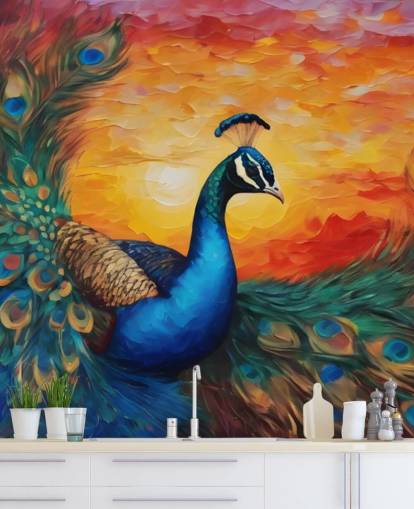 colorful peacock wallpaper mural called Painted Peacock Sunset for bedrooms, living rooms and offices