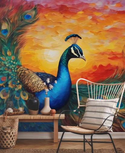 Buntes Pfauentapeten-Wandbild namens Painted Peacock Sunset für Schlafzimmer, Wohnzimmer und Büros