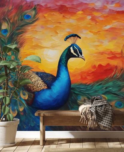 colorful peacock wallpaper mural called Painted Peacock Sunset for bedrooms, living rooms and offices colorful peacock wallpaper mural called Painted Peacock Sunset for bedrooms, living rooms and offices