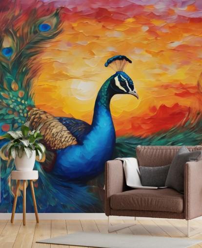 kleurrijke pauwbehangmuurschildering genaamd Painted Peacock Sunset voor slaapkamers, woonkamers en kantoren