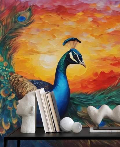carta da parati murale colorata con pavone chiamato Painted Peacock Sunset per camere da letto, salotti e uffici