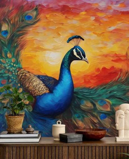 papier peint mural coloré en forme de paon appelé Painted Peacock Sunset pour les chambres, les salons et les bureaux papier peint mural coloré en forme de paon appelé Painted Peacock Sunset pour les chambres, les salons et les bureaux