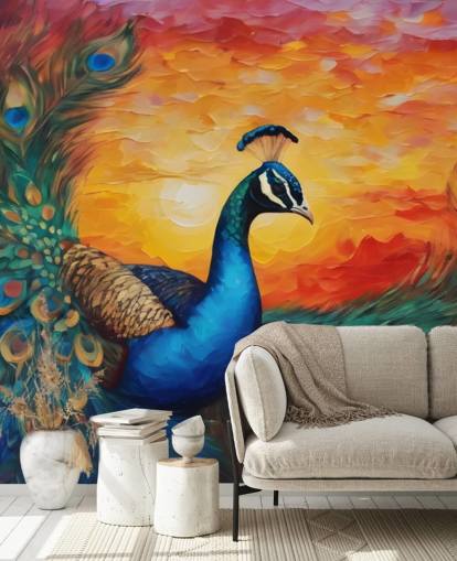 farverigt påfugl tapetmaleri kaldet Painted Peacock Sunset til soveværelser, stuer og kontorer farverigt påfugl tapetmaleri kaldet Painted Peacock Sunset til soveværelser, stuer og kontorer