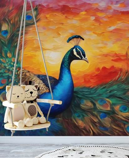 farverigt påfugl tapetmaleri kaldet Painted Peacock Sunset til soveværelser, stuer og kontorer