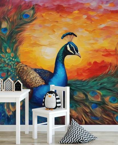 carta da parati murale colorata con pavone chiamato Painted Peacock Sunset per camere da letto, salotti e uffici