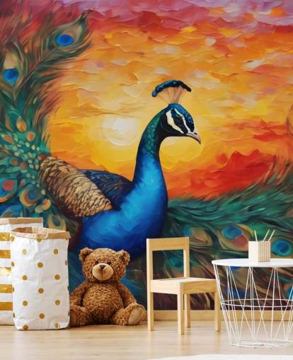 mural colorido de papel pintado de pavo real llamado Painted Peacock Sunset para dormitorios, salas de estar y oficinas mural colorido de papel pintado de pavo real llamado Painted Peacock Sunset para dormitorios, salas de estar y oficinas