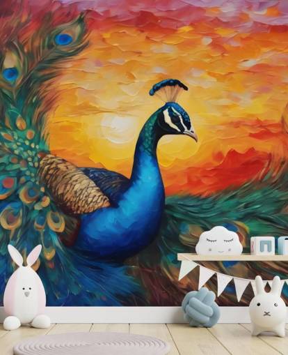 Buntes Pfauentapeten-Wandbild namens Painted Peacock Sunset für Schlafzimmer, Wohnzimmer und Büros Buntes Pfauentapeten-Wandbild namens Painted Peacock Sunset für Schlafzimmer, Wohnzimmer und Büros