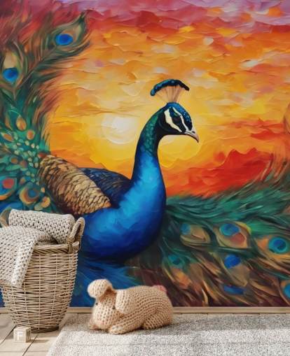mural de papel de parede de pavão colorido chamado Painted Peacock Sunset para quartos, salas de estar e escritórios mural de papel de parede de pavão colorido chamado Painted Peacock Sunset para quartos, salas de estar e escritórios