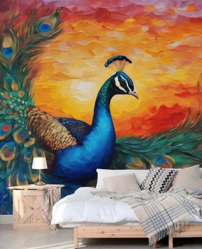 Buntes Pfauentapeten-Wandbild namens Painted Peacock Sunset für Schlafzimmer, Wohnzimmer und Büros Buntes Pfauentapeten-Wandbild namens Painted Peacock Sunset für Schlafzimmer, Wohnzimmer und Büros