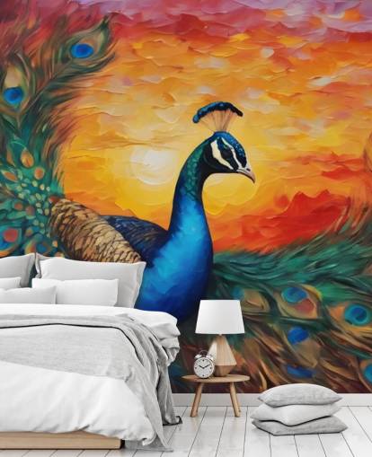 mural colorido de papel pintado de pavo real llamado Painted Peacock Sunset para dormitorios, salas de estar y oficinas mural colorido de papel pintado de pavo real llamado Painted Peacock Sunset para dormitorios, salas de estar y oficinas