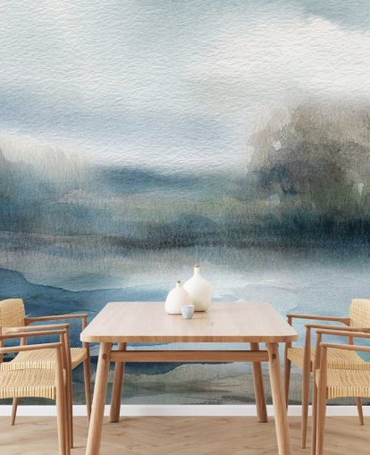 mural de papel pintado de cielo abstracto azul y blanco llamado Break in the Storm de Carol Robinson