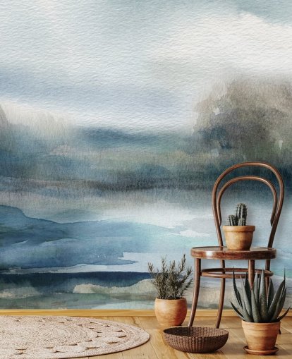 mural de papel pintado de cielo abstracto azul y blanco llamado Break in the Storm de Carol Robinson