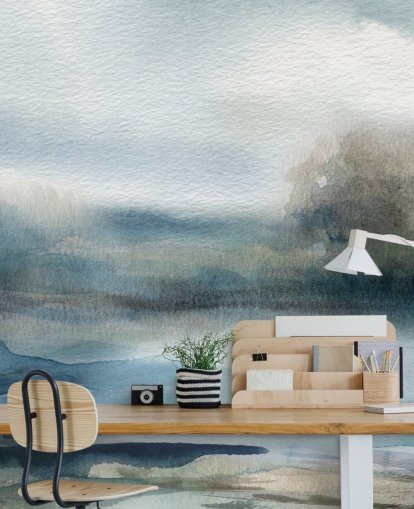 mural de papel pintado de cielo abstracto azul y blanco llamado Break in the Storm de Carol Robinson