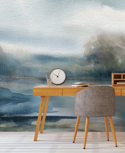 blauw-witte abstracte hemelmuurschildering genaamd Break in the Storm van Carol Robinson blauw-witte abstracte hemelmuurschildering genaamd Break in the Storm van Carol Robinson