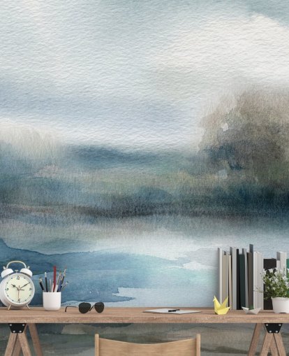 mural de papel pintado de cielo abstracto azul y blanco llamado Break in the Storm de Carol Robinson