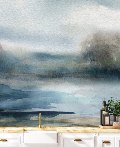 blå og hvid abstrakt himmeltapet vægmaleri kaldet Break in the Storm af Carol Robinson