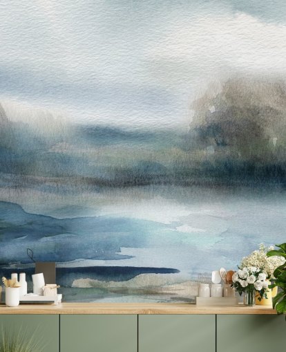 mural de papel pintado de cielo abstracto azul y blanco llamado Break in the Storm de Carol Robinson