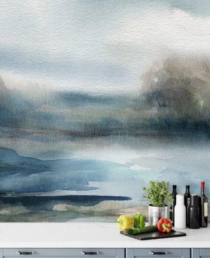 papier peint mural de ciel abstrait bleu et blanc appelé Break in the Storm par Carol Robinson