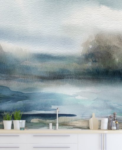 mural de papel pintado de cielo abstracto azul y blanco llamado Break in the Storm de Carol Robinson