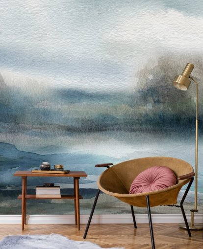 blauw-witte abstracte hemelmuurschildering genaamd Break in the Storm van Carol Robinson blauw-witte abstracte hemelmuurschildering genaamd Break in the Storm van Carol Robinson