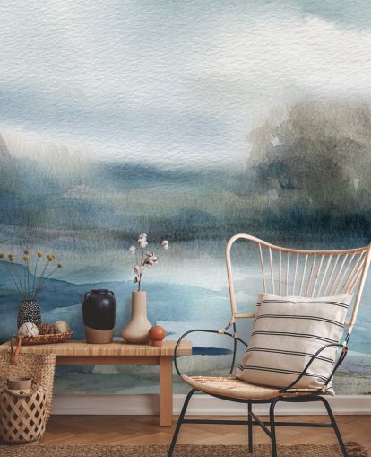 blå og hvit abstrakt himmeltapet veggmaleri kalt Break in the Storm av Carol Robinson blå og hvit abstrakt himmeltapet veggmaleri kalt Break in the Storm av Carol Robinson