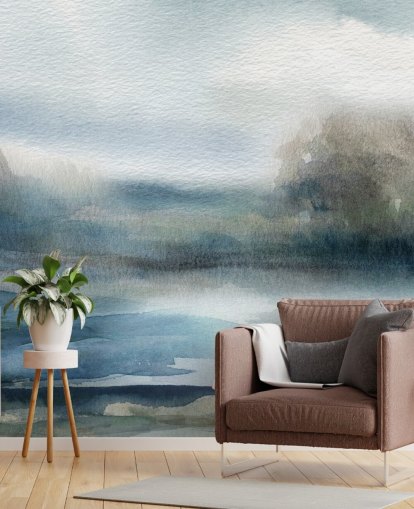 mural de papel pintado de cielo abstracto azul y blanco llamado Break in the Storm de Carol Robinson