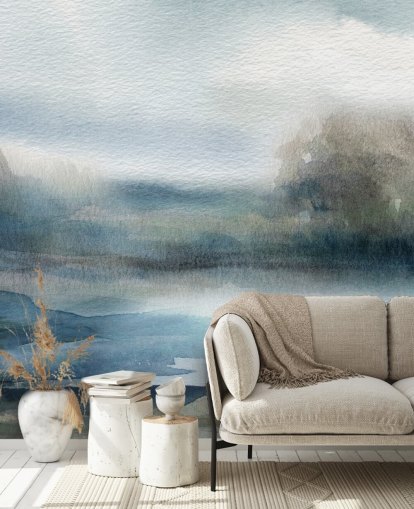 mural de papel pintado de cielo abstracto azul y blanco llamado Break in the Storm de Carol Robinson