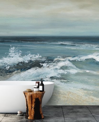 blauwe abstracte oceaanbehangmuurschildering genaamd Converging Currents van Carol Robinson