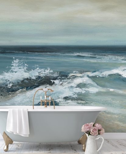 mural de papel de parede azul abstrato oceânico chamado Converging Currents de Carol Robinson