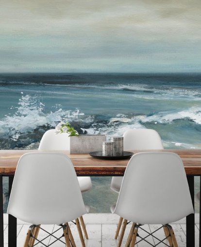 blauwe abstracte oceaanbehangmuurschildering genaamd Converging Currents van Carol Robinson